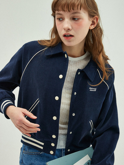 Floral Quilting Corduroy Varsity Jacket_Navy