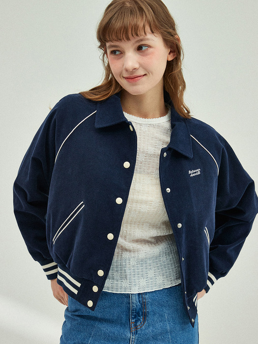 Floral Quilting Corduroy Varsity Jacket_Navy