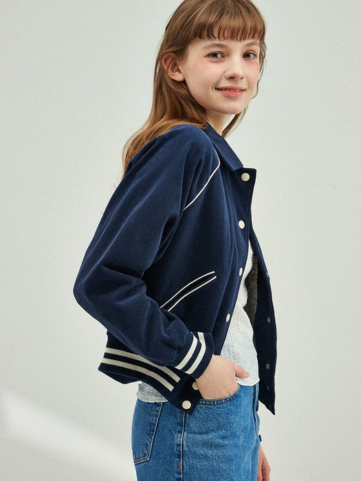 Floral Quilting Corduroy Varsity Jacket_Navy