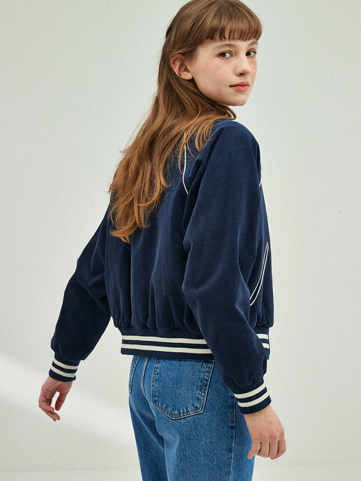 Floral Quilting Corduroy Varsity Jacket_Navy