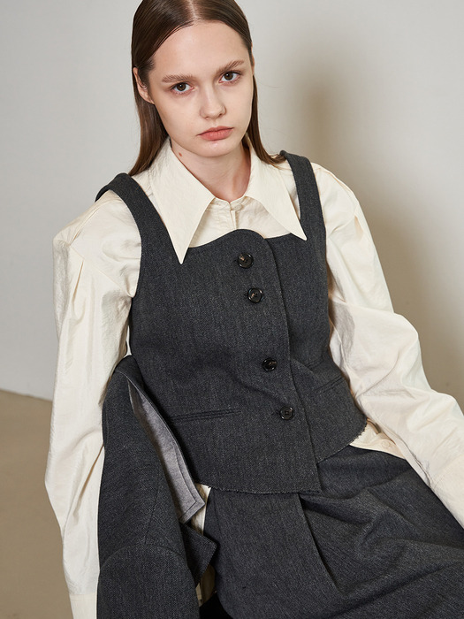 Unbalanced Bustier Type Herringbone Vest _CHARCOAL 