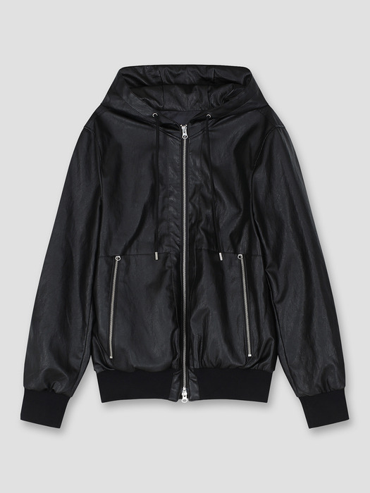 leather hood jumper w_black