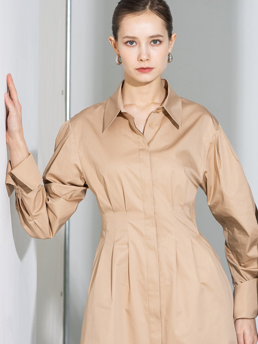 Bell sleeves pleats mini shirt dress - beige