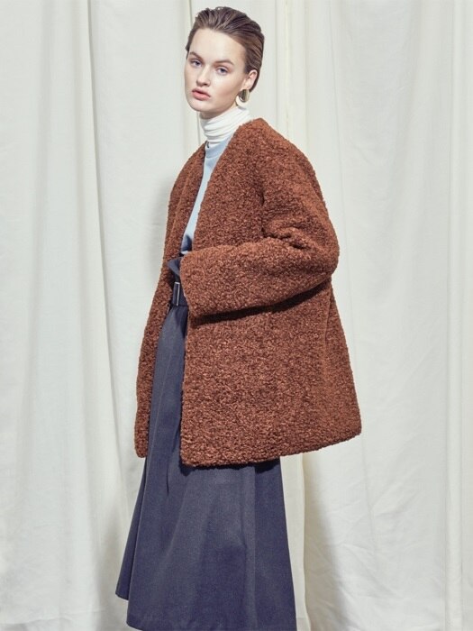 WOMAN BOUCLE ECO FUR HALF COAT (BROWN)