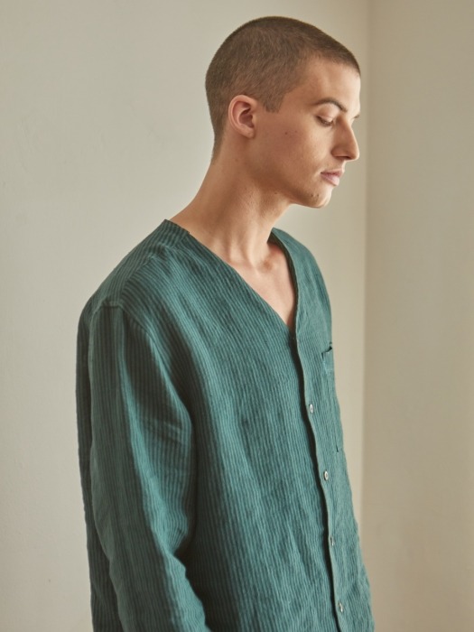 V-neck stripe linen shirts_GREEN