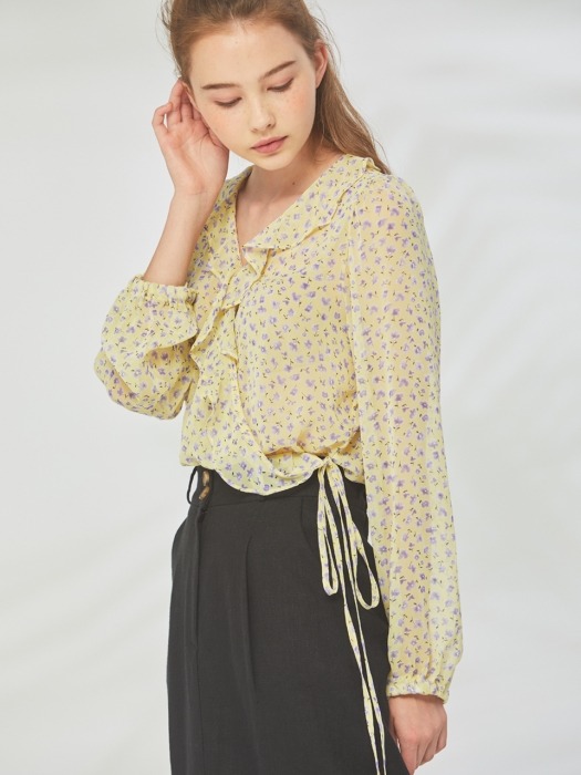 YELLOW SEETHROUGH FLOWER WRAP BLOUSE