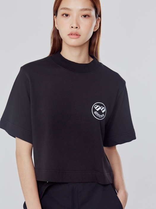 Black High Neck Cropped Print T-shirts