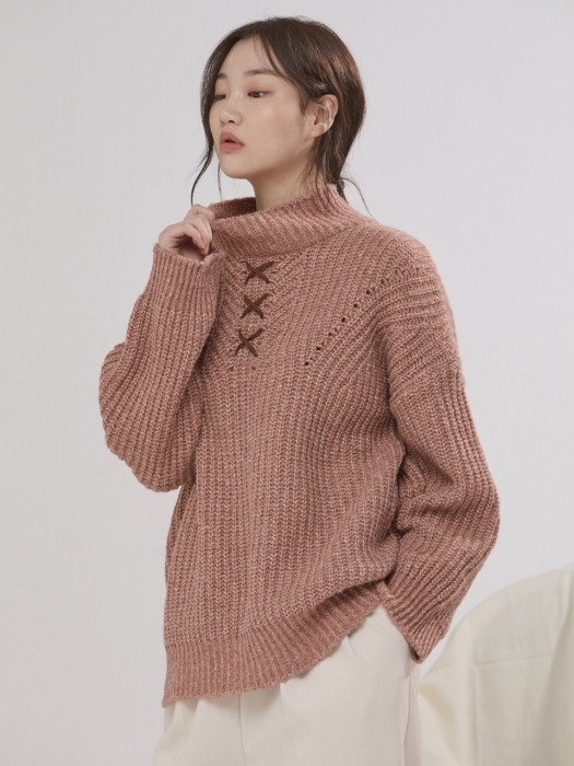 LEATHER STRAP CABLE HIGH NECK KNIT PINK