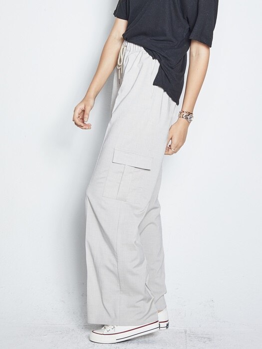 LINEN WIDE CARGO BANDING PANTS BEIGE