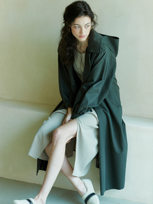 shirring-sleeve hooded trench coat_5COLORS