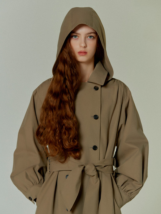 shirring-sleeve hooded trench coat_3COLORS