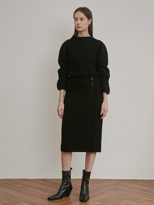 CASHMERE BUTTON DETAILED KNIT SKIRT [BLACK] [IVORY]