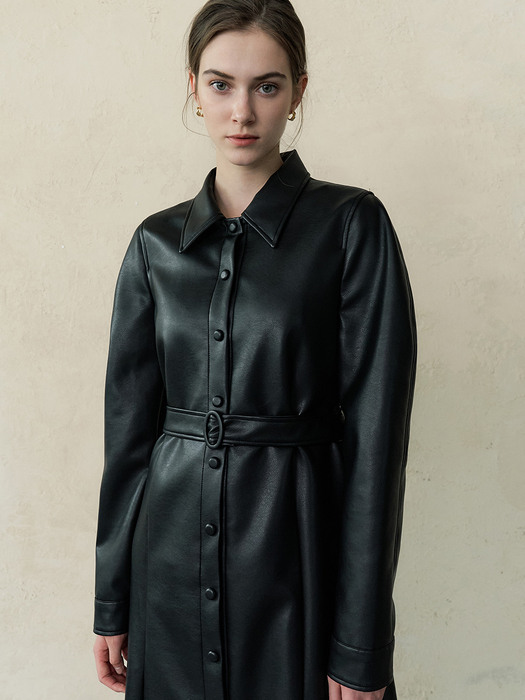 comos446 leather shirt dress (black)