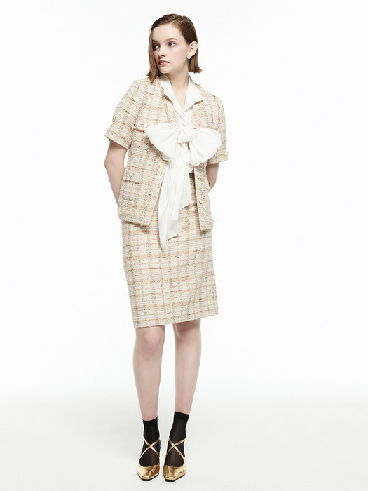 [Tweed] Fringed H-line Tweed skirt