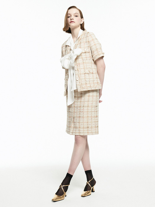 [Tweed] Fringed H-line Tweed skirt