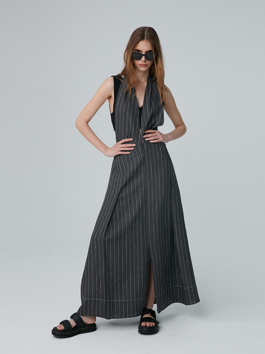 Skirt Dress Stripe Wide Strap Charcoal Gray