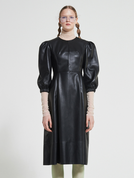 Puff Sleeves Faux Leather Dress BLACK