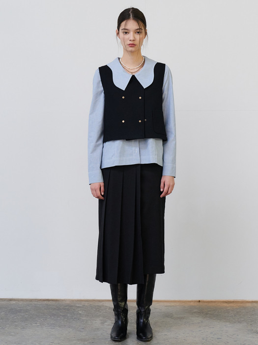 21 Winter_ Black Asymmetry Pleats Midi Skirt 