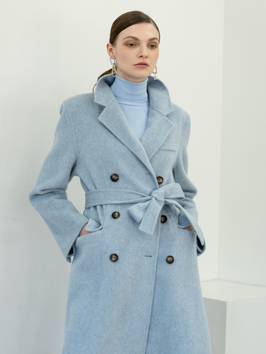 Double-breasted wool angora handmade coat in skyblue