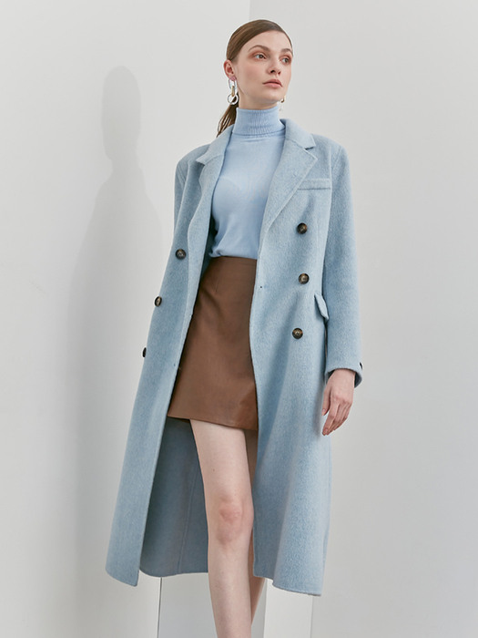 Double-breasted wool angora handmade coat in skyblue