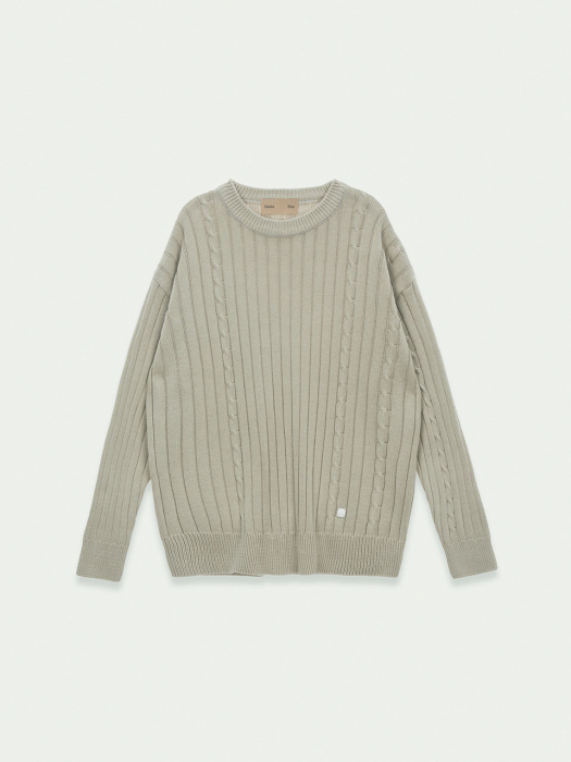 CABLE OVERFIT KNIT PULLOVER IN BEIGE