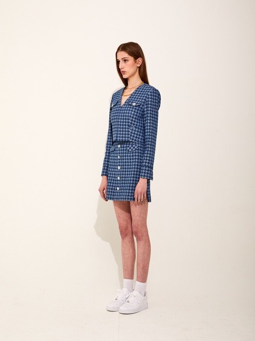 Houndstooth Denim Vneck Jacket [Deep Blue]