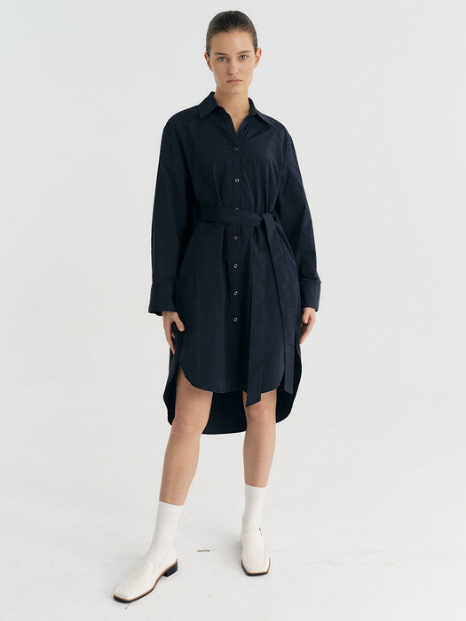 Nylon-blend Oversize Belt Shirt Dress (Navy)