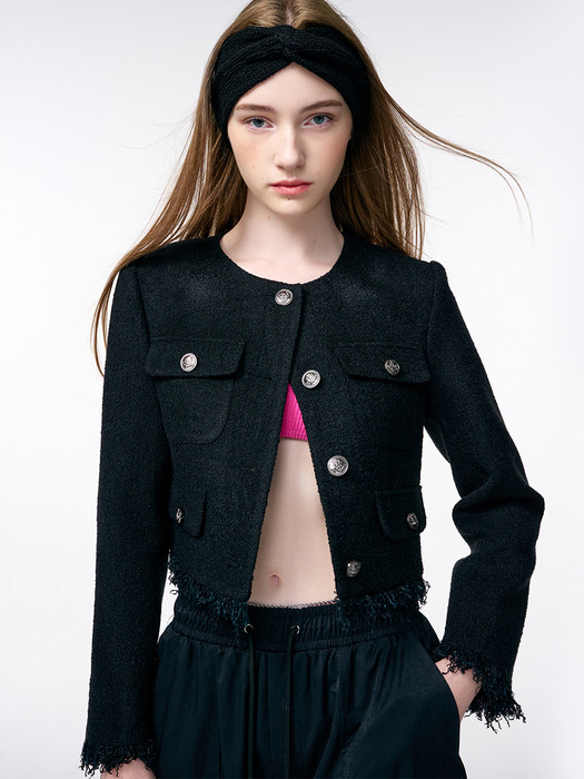 Fringe Tweed Jacket, Black