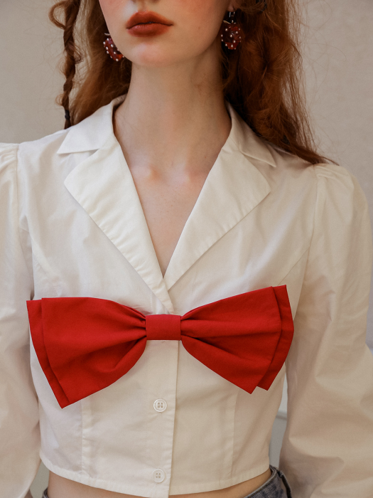Moidew chic on-off red bow shirt