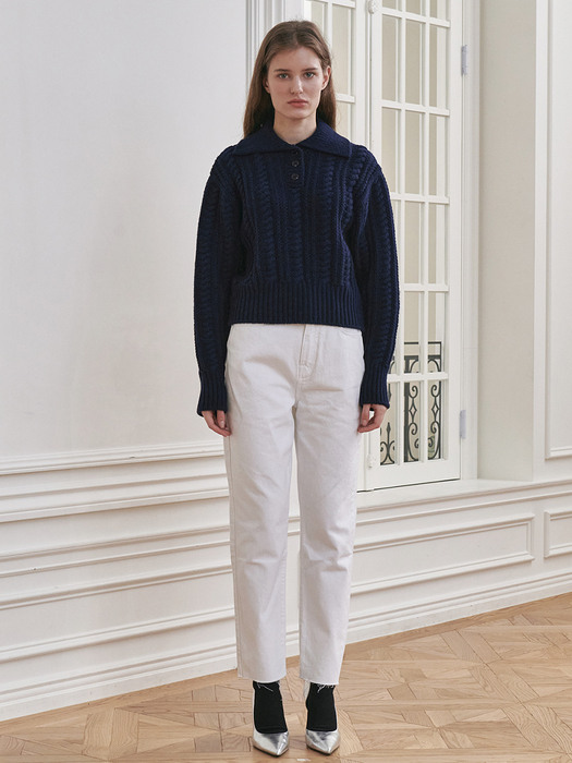Cable Collar Wool Knit - Navy