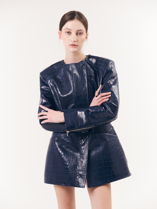 CROCODILE EFFECT CALF LEATHER JACKET DRESS(NAVY)