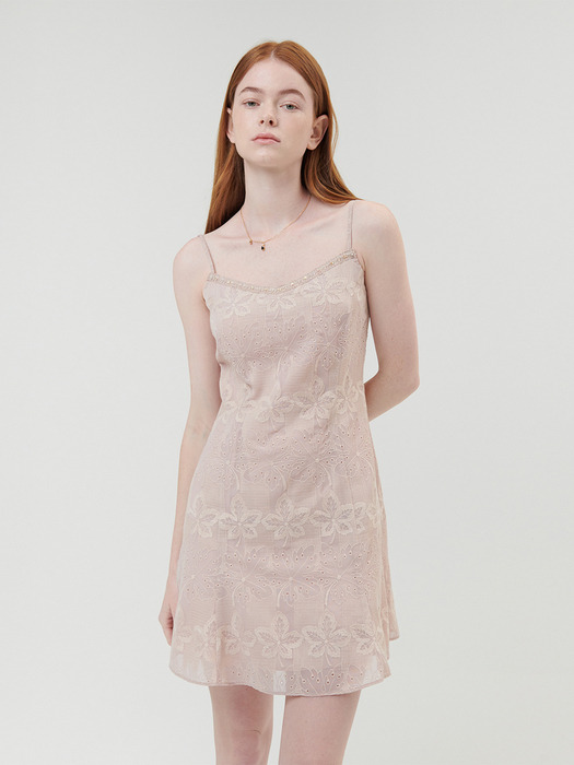 LEAF EMBROIDERED MINI DRESS_PINK