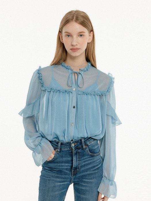 SEE-THROUGH FRILL BLOUSE - VINTAGE BLUE