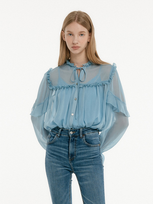 SEE-THROUGH FRILL BLOUSE - VINTAGE BLUE