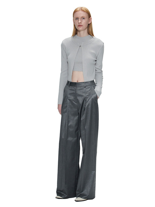 GLOSSY ONE TUCK WIDE PANTS - GRAY