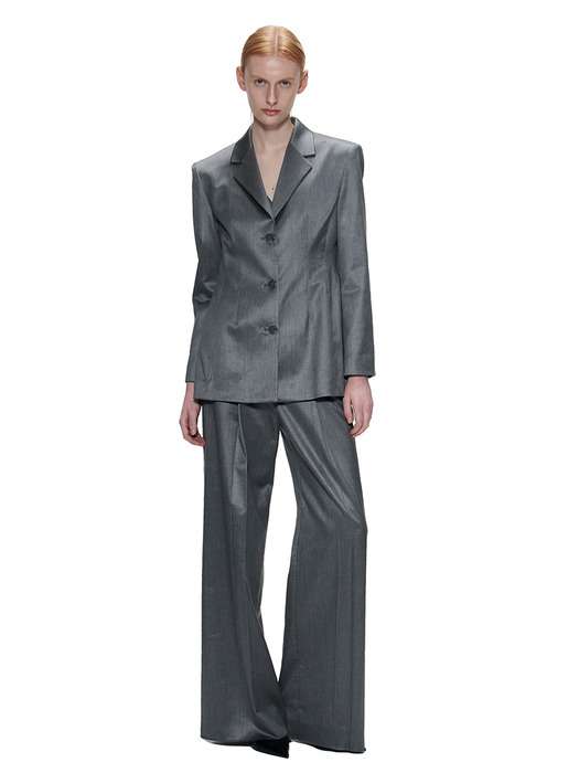 GLOSSY ONE TUCK WIDE PANTS - GRAY