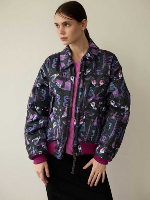 Unisex Digital Print Waterproof Canvas Bomber Padding Jumper_VIOLET