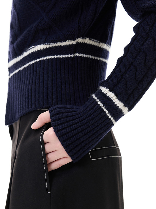 TWO-WAY CABLE KNIT ZIP-UP_NAVY