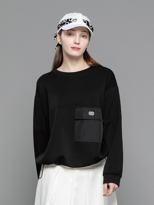 24SS 라운드 포켓 장식  루즈 핏  블랙  긴팔 밑단 스트링 티셔츠