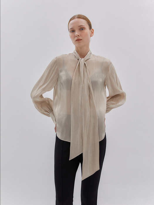 GLOSSY TIE BLOUSE_BEIGE