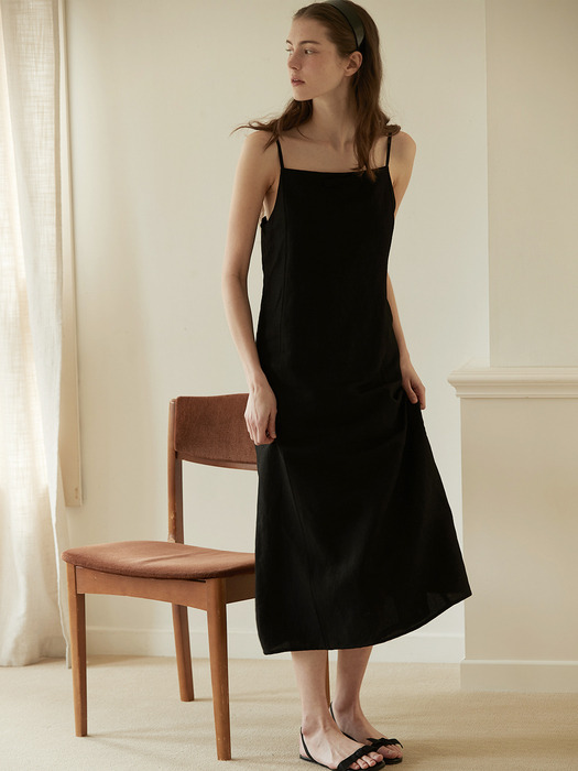 Ribbon point linen dress - Black