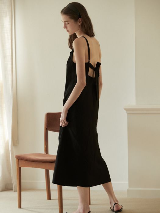 Ribbon point linen dress - Black