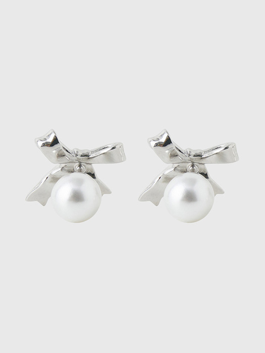 Habi ribbon pearl 2way earring - silver