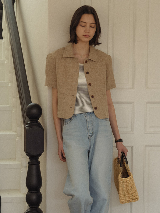 Check linen half sleeve jacket_Brown