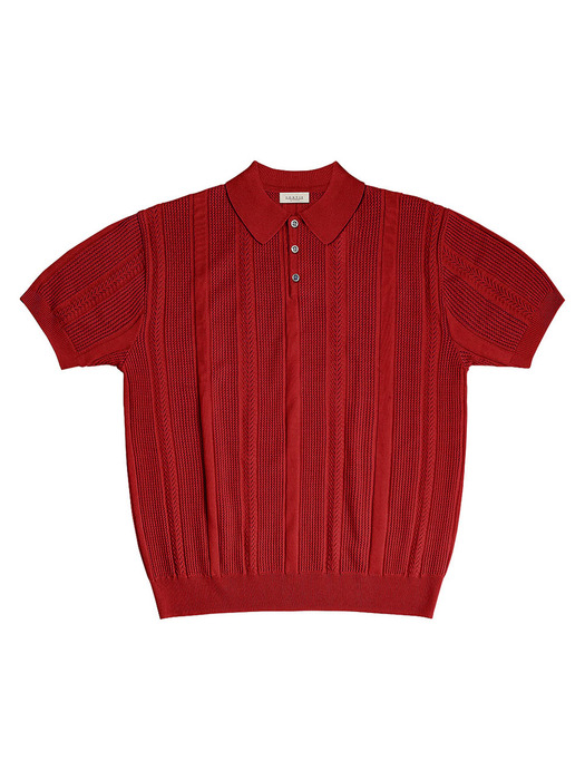 Mesh Mixed Crochet Polo Knit (Red)