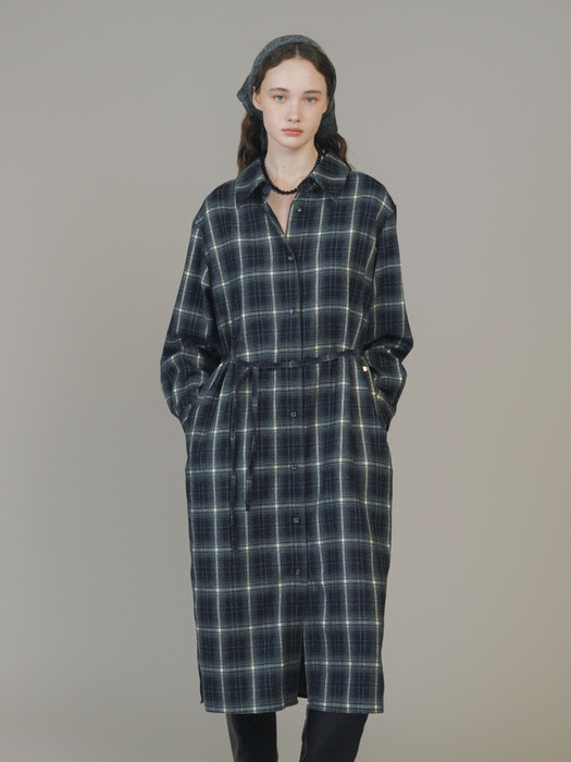 F Soft Touch Check Shirt Dress_Navy