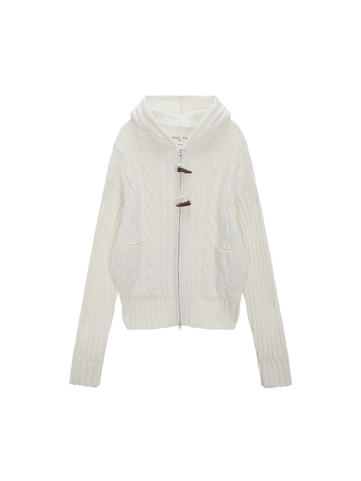 CABLE KNIT HOODY TOGGLE CARDIGAN IN IVORY