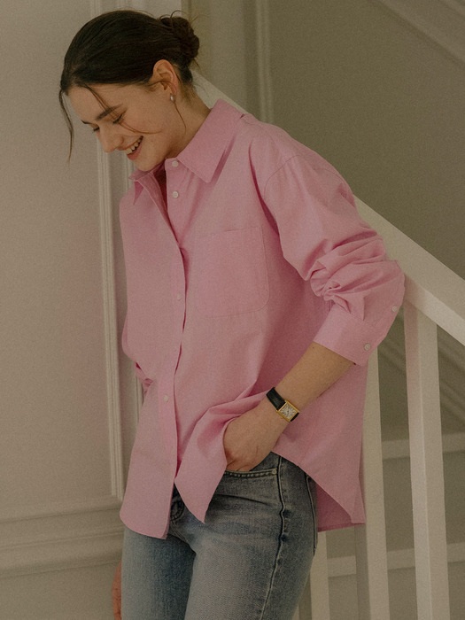 Textured cotton string cotton shirt_Pink - Image 3