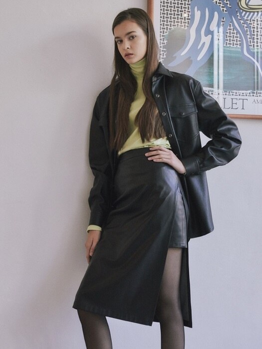 18fw combi leather midi skirt black