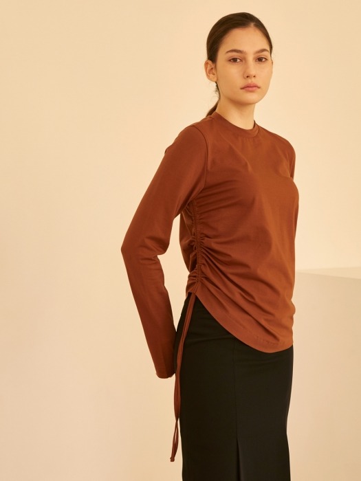 19SS SIDE STRING SHIRRING TOP BROWN